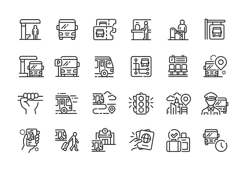 Set of bus station line vector icons. Editable stroke.