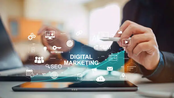Photo of Digital marketing business technology. Website advertisement email social media network, SEO, SEM video and mobile application icons in virtual screen.