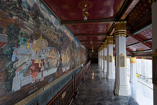 Bangkok / Thailand - October 14, 2022 : Amazing mural paintings at Emerald Buddha temple (Wat Phra Kaew)