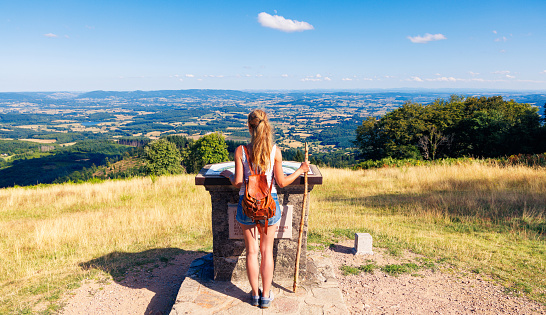 Woman tourist enjoying panoramic Morvan landscape view- France