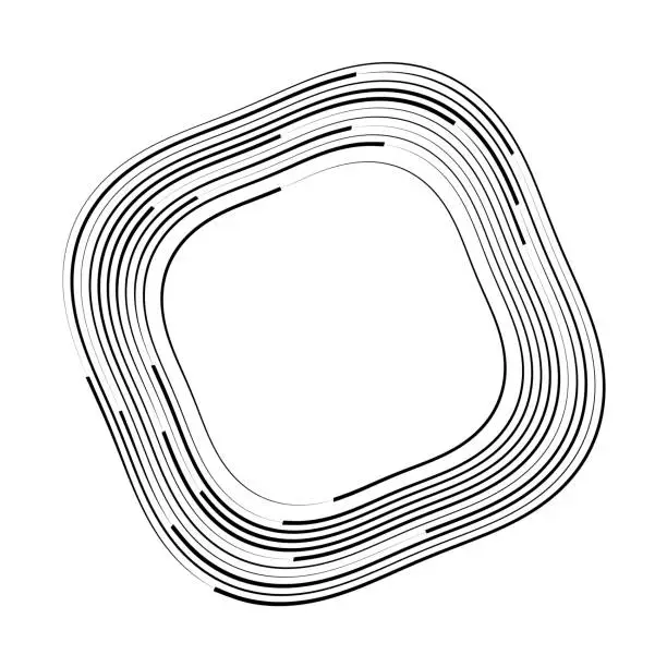 Vector illustration of Square-ish shape formed by rotating, slimming swirl lines surrounding a central copy space.