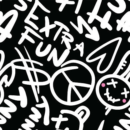 Graffiti Slogan Extra Fun, Funny Bunny Seamless Pattern in Black and White Colors. Urban typography print with Teddy Rabbit. Abstract graphic underground unisex design for t-shirts and sweatshirt for teenagers.