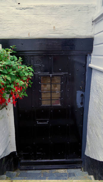 une porte d’entrée résidentielle au royaume-uni peinte d’un bleu marine profond - doorstep door knocker door england photos et images de collection