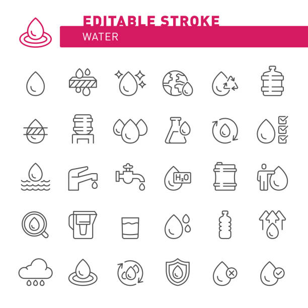 Water Icons Water, drop, raindrop, liquid, drink, icon, icon set, bottle, barrel, faucet, clean, drinking glass, ecosystem, environment, filling, filtration water cooler stock illustrations