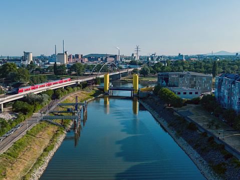 arial view railway bridge over neckar river in Mannheim at sunny morning