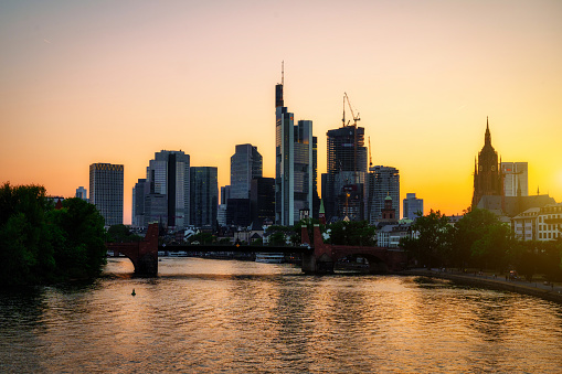 view over main river on  Frankfurt skyline at sunset