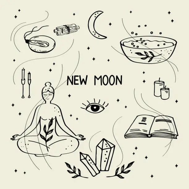 Vector illustration of New Moon Rituals hand drawn vector illustration mystical motif. Doodle meditating woman, crystals, moon, stars, bath, Santo Palo aroma, candles. Lifestyle,change, customs, yoga, spiritual. For design