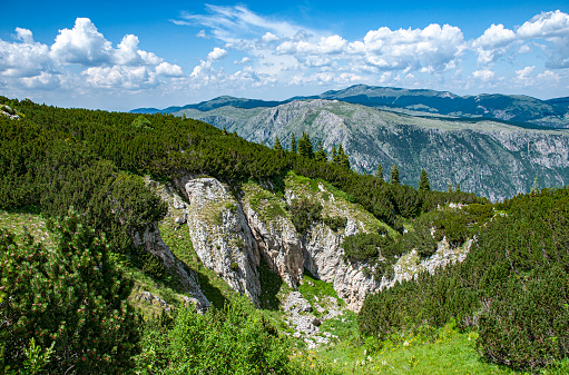 View of the fascinating mountain landscape in Durmitor National Park in the north of Montenegro (Southern Europe).