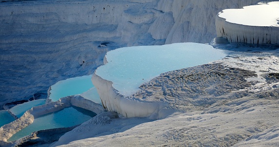 A view of Pamukkale Natural Park in Turkey with the incredible rock formations and terraced pools