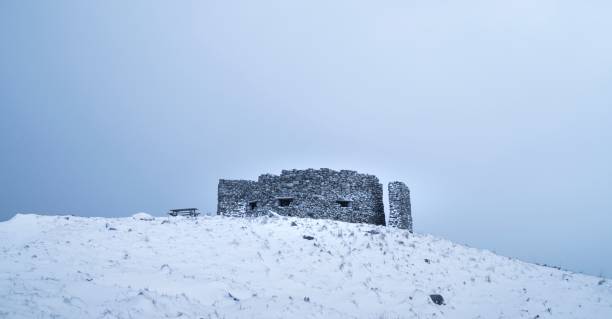 istock a snow covered hill top with an old stone tower in the distance 1652773737