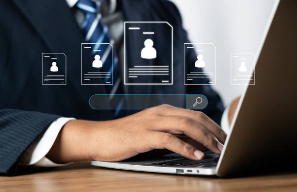 istock Human Resource Management Network Structure (HRM), Businessman searching for employee using laptop. recruitment, Customer Relationship Management, hiring, training, performance. 1652775444