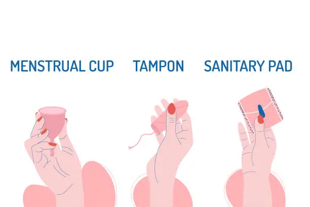 Vector illustration of Menstruation period background. Hands hold sanitary pad tampon menstrual cup with inscriptions