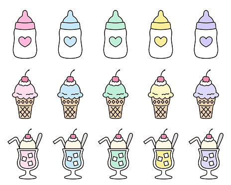 Vector illustration set of baby bottle and ice cream and cream soda cute icons