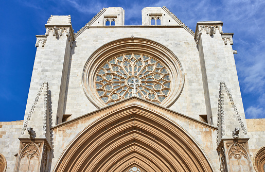 Tarragona, Spain, the main portal and the rose window of the facade of Saint Mary Cathedral