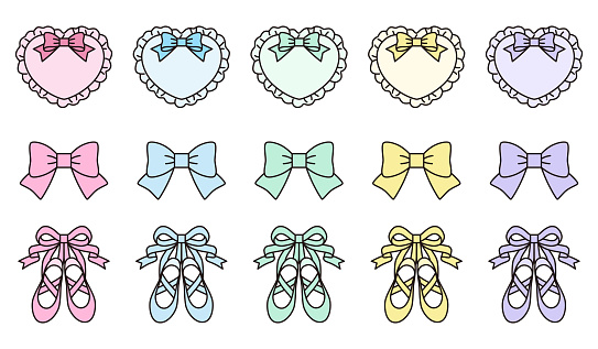 Vector illustration set of cute icons of heart cushions, ribbons and pointe shoes