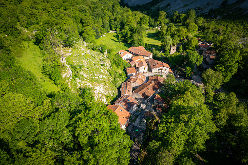 Aerial view above the mountain village of Bulnes in the Picos de Europa