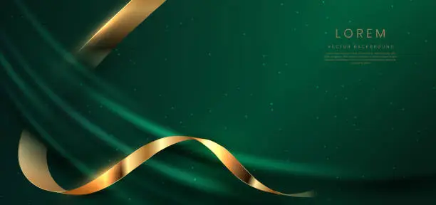 Vector illustration of Abstact luxury green curve with golden ribbon and lighting effect on green background.