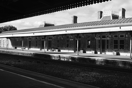 Augsburg, Germany - June 04, 1992: Detail of a locomotive shed. Film scan.