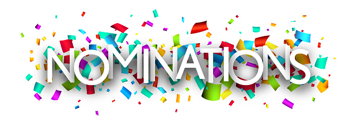 Nominations sign over colorful cut out ribbon confetti background. Design element. Vector illustration.