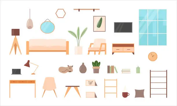 Vector illustration of Interior set of living room furniture and accessories. House elements including home office and relax zone with sofa, armchair, tv and a cat. Vector flat illustration in minimalistic cartoon style