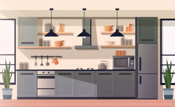 Vector illustration of Modern kitchen in flat style. Kitchen interior with furniture.