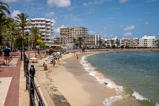 Ibiza, Spain - July 26, 2023: Beautiful resort town of Santa Eularia des Riu in Ibiza.