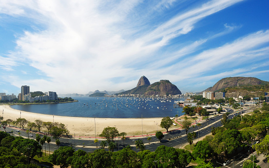 Panoramic view from Botafogo beach to Sugarloaf Mountain in Rio de Janeiro Brazil.