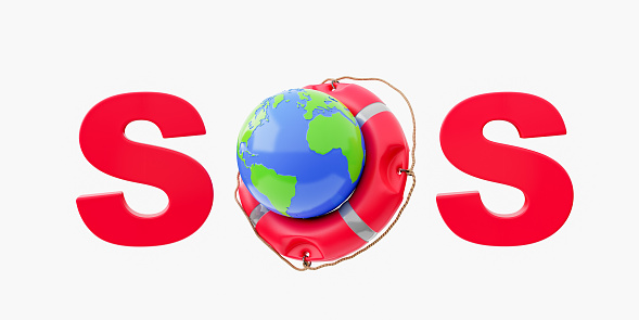 red sign with the word SOS and the earth on a lifebuoy isolated on a white background. concept of help to the planet, pollution and environmental action. 3d rendering