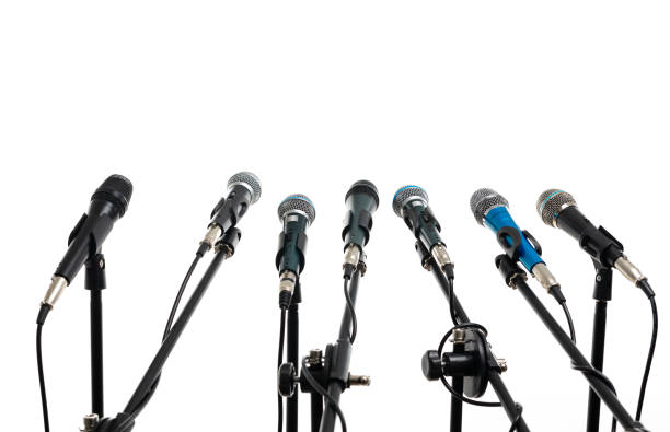 istock Microphones isolated on white background. Press conference with standing microphones 1652880079