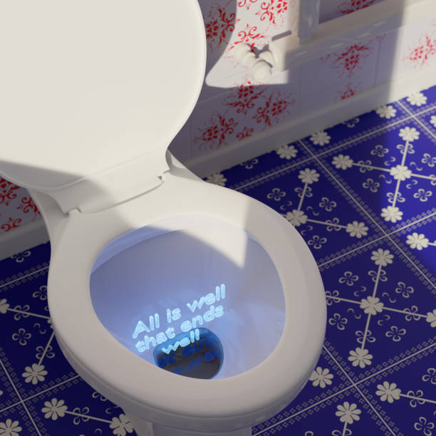 “All is well that ends well” is written in neon light inside a toilet. CGI