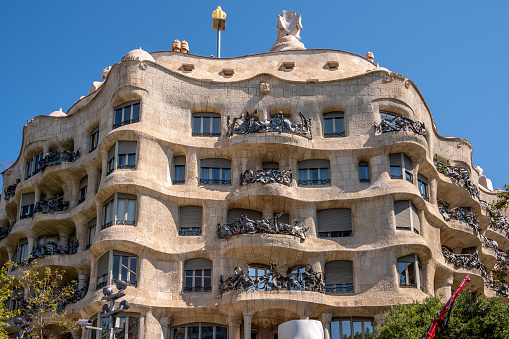 Barcelona, Spain - July 27, 2023: Detail of the landmark La Pedrera-Casa Milà in Barcelona.