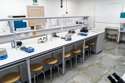 Interior of modern science laboratory with no people