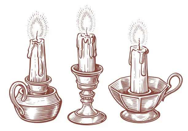 Vector illustration of Candlestick with burning candle. Hand drawn sketch engraving style vintage vector illustration