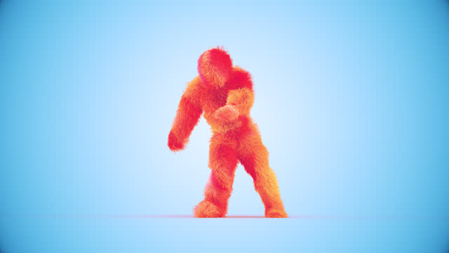 3d Hairy Monster Movie Character Orange Feathered HipHop Dance style on Blue Background 4K Apple Prores