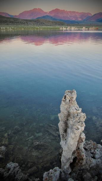 the sierra nevada range lights up pink at dawn above the white tufa tower rock formations of mono lake. - mono county imagens e fotografias de stock