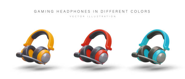istock Yellow, red, blue gaming headphones. Textured vector illustration with reflections and shadows 1652916513