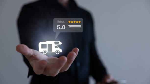 istock Camper review rating online on mobile web screen or automobile testimonial feedback page, customer reputation internet shop vector flat icon, vehicle rental shop rank or auto access template. 1652927139