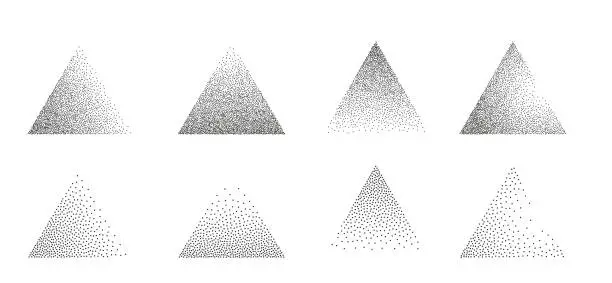 Vector illustration of Triangles noise texture dotwork grain. Pointillism gradient pattern. Triangle stochastic grange texture. Dotwork stipple halftone effect for tattoo. Dotted shape, stipple element. Vector background