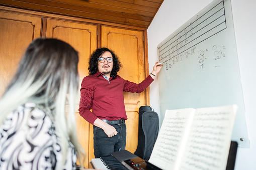 Teacher teaching music to woman indoors