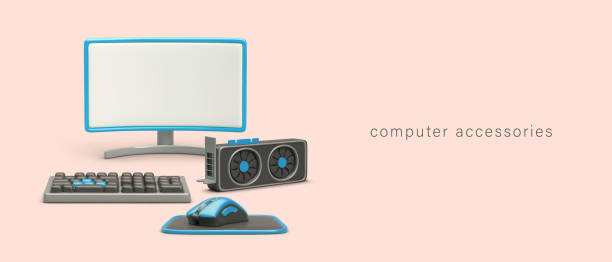 istock Realistic computer accessories. Wide monitor, video card, keyboard, mouse with pad 1652934690
