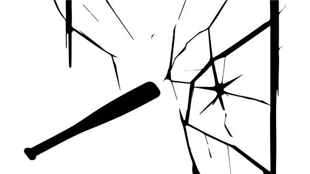 Vector illustration of Vandalism, hooliganism. A baseball bat breaks a glass window, the window cracks. Street crime, aggression, damage, robbery. Vector. Silhouette. Black and white drawing