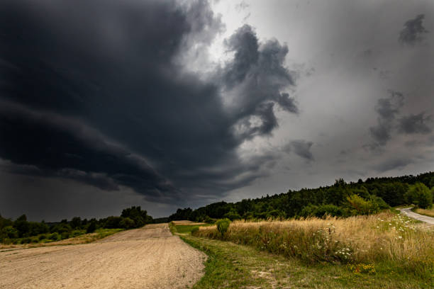 Thunderstorm over meadows and large cumulonimbus thundercloud and rain