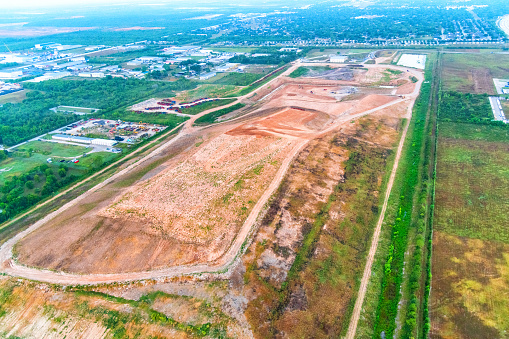 A large landfill and dump located just south of downtown Houston, Texas shot by helicopter from an altitude of about 600 feet.