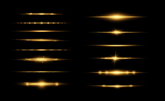Golden horizontal lens flares pack. Vector set of lights, flashes, sparks, glare, laser beams, glitter, stars. Bright rays of light. Realistic shine effect. Shining borders for Christmas banner, web