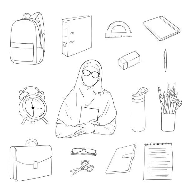 Vector illustration of Line art of female teacher's and school supplies illustration for world teacher day campaign design