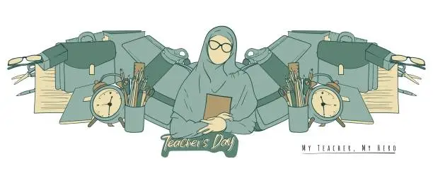 Vector illustration of Muslim female teacher with learning tools that form wings design for world teacher's day template