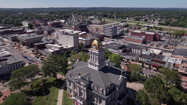 Drone shot of Newark, OH cityscape and structures