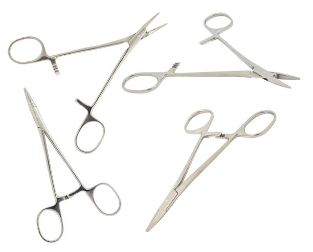 istock Surgical metal closed and open clamps, set, isolated on  white background 1652968333
