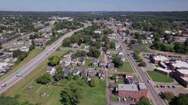 Drone shot of Newark, OH cityscape and structures