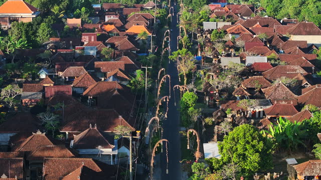 Sebatu village, Gianyar regency of Bali Island. Plan view from drone, traditional house compounds build along straight road